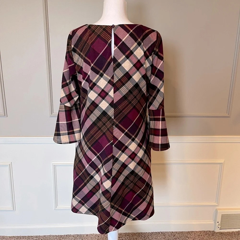 JH Women's plaid dress flare sleeve pockets soft office casual purple plum